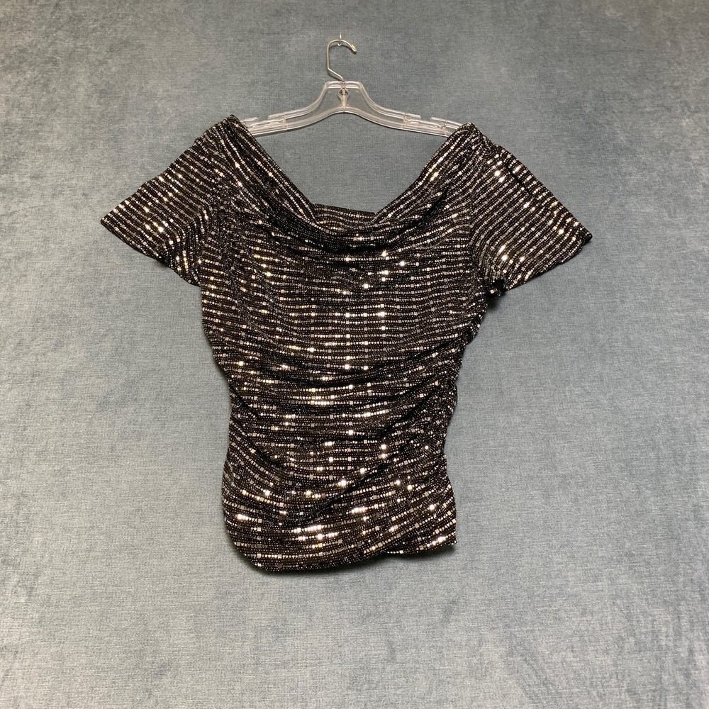 R&M Richards Sequined Ruched Blouse Top Womens Medium Black Silver Slit Sleeve